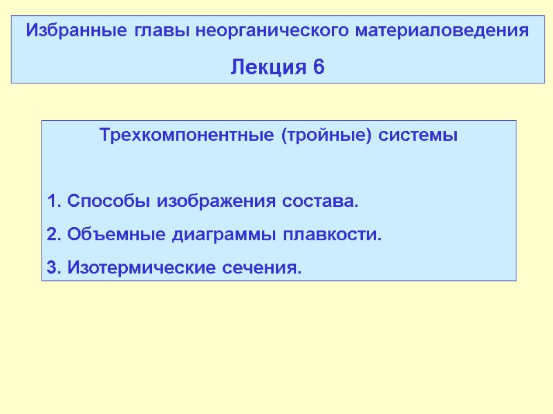 Избранные главы неорганического материаловедения Лекция 6 Трехкомпонентные (тройные) системы  Способы изображения состава. 